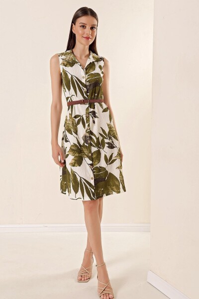 By Saygı Leaf Patterned Belted Collar Sleeveless Seekers Dress Khaki