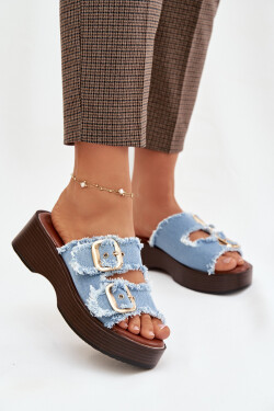 Dámské pantofle na platformě se zlatými sponami modré Renelisse 41