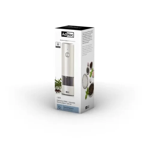 AdHoc i.Mill světle šedá / Mlýnek na sůl a pepř / USB-C / keramický mechanismus CeraCut® / výška 17 cm