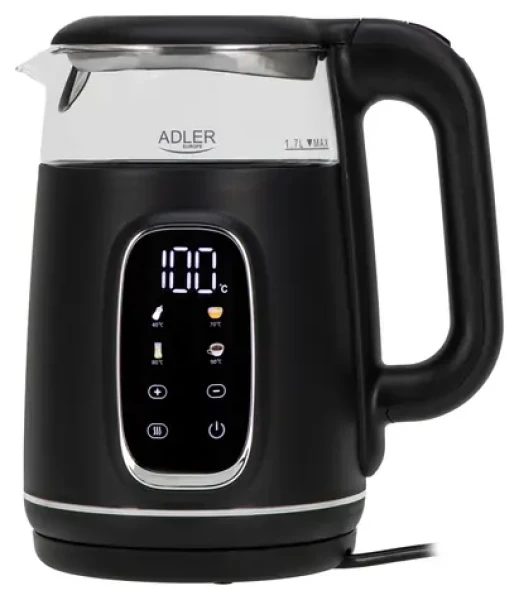 Adler AD 1305 černo-stříbrná / Rychlovarná konvice / 2200 W / 1.7 L / sklo / regulace teploty (AD 1305 BS)