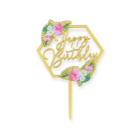 Dortisimo Zapichovací dekorace na dort zlatá Happy Birthday v rámečku s květinami