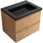 CERANO - Koupelnová skříňka Velora - dub medový, úchytka zlatá + umyvadlo z lit. mramoru Ovo - černá matná - 70,5x58x46,5 CER-979981