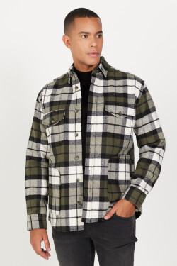 ALTINYILDIZ CLASSICS Men's Khaki-ecru Oversize Loose Cut Button Collar Plaid Patterned Lumberjack Winter Shirt Jacket