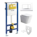 Mereo WC set - Rimless WC hranaté, modul pro sádrokarton, bílé hranaté tlačítko MM02NSETRS320