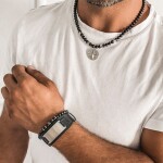 Pánský korálkový náhrdelník Diego - přírodní onyx, větrná růžice, Stříbrná 55 cm