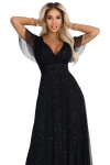 635-2 MELANIA dlouhé lesklé šaty s výstřihem a krátkými rukávy - černé UNI