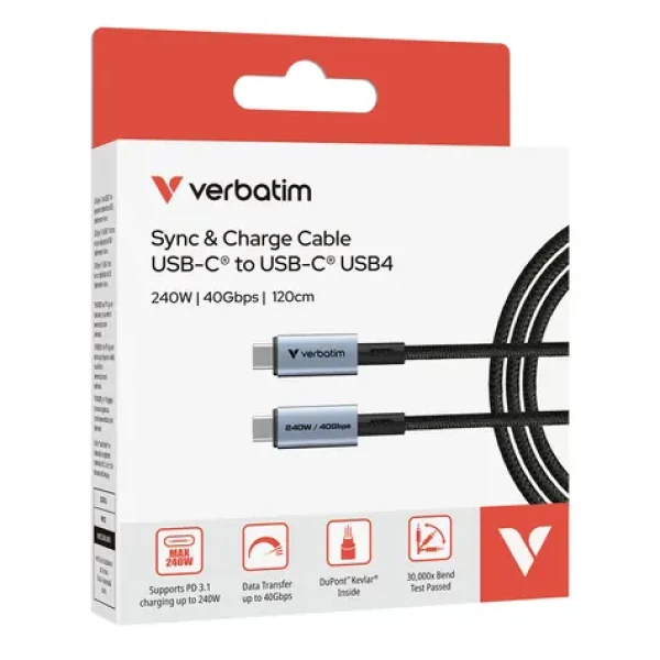 Verbatim Sync Charge USB-C na USB-C 120cm černá / Nabíjecí a datový kabel / 240W / 40 Gbps / USB4 / PD 3.1