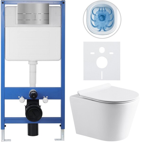 CERANO Kompletní podomítkový WC set Lite/Carlito - bílá lesklá - WC tlačítko Line, nerez - předstěnová instalace - 48,5x36,5 cm