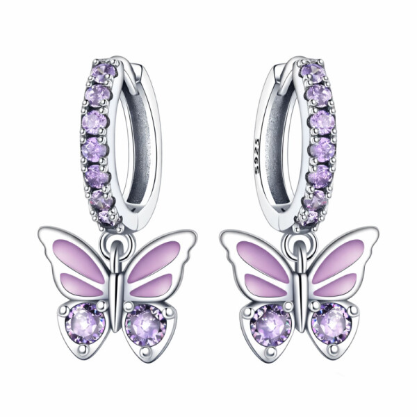 Stříbrné náušnice s fialovým motýlkem - stříbro 925/1000, Fialová