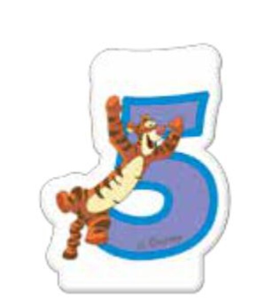 Procos Medvídek Pú dortová svíčka bílá s modrým číslem 5 a s tygříkem Procos Medvídek Pú dortová svíčka bílá s modrým číslem 5 a s tygříkem