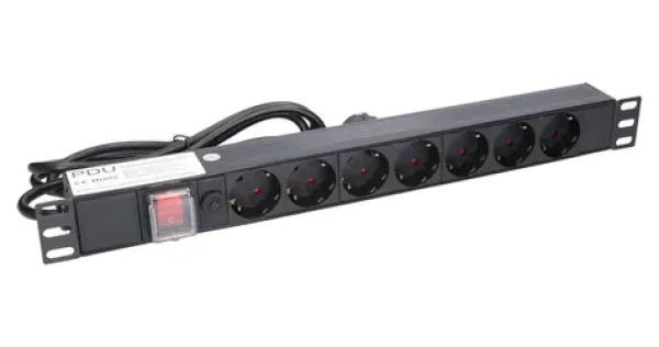 Extralink EXPDU7EU SW černá / Zásuvková lišta do racku / 19" 1U / 7x zásuvka / vypínač / 2 m (EX.12967)