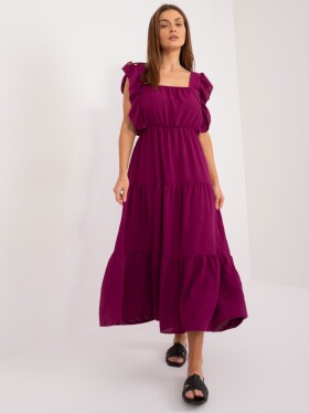 Tmavě fialové midi šaty s volány