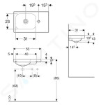 GEBERIT - iCon Umývátko 530x310x130 mm, bez přepadu, otvor pro baterii vpravo, KeraTect, bílá 501.832.00.2