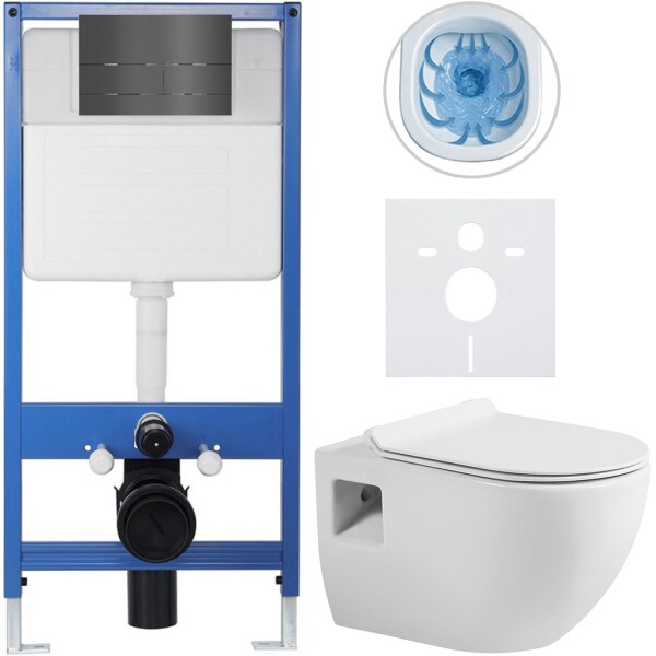CERANO Kompletní podomítkový WC set Lite/Dure - bílá lesklá - WC tlačítko Line, tmavě šedá - předstěnová instalace - 51x35 cm
