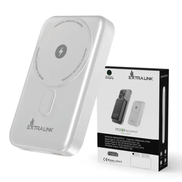 Extralink MagSafe bílá / Powerbanka / 10 000 mAh / MagSafe / PD 20W+15W / USB-C, USB-A