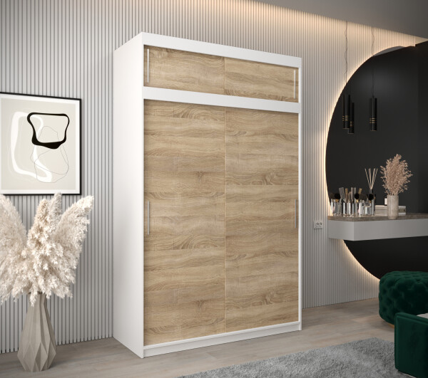 Šatní skříň Abi T0 s nástavcem Barva korpusu: Bílá, Rozměry: 150 cm, Dveře: Dub sonoma