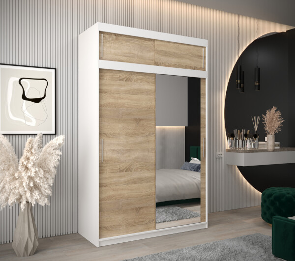 Šatní skříň Abi T2 s nástavcem Barva korpusu: Bílá, Rozměry: 150 cm, Dveře: Dub sonoma
