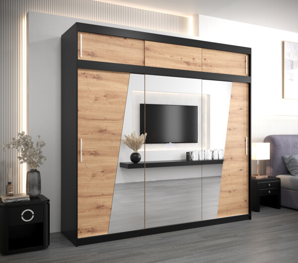 Šatní skříň Abi R0 s nástavcem Barva korpusu: Černá, Rozměry: 250 cm, Dveře: Dub artisan