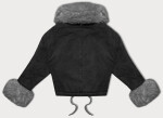 Vyšisovaná černo/šedá krátká dámská džínová bunda s kožešinovou podšívkou J Style (11Z8219) odstíny černé XL (42)