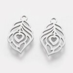 Přívěsek z nerezové oceli - platinový - pírko se srdíčkem - 17,7 x 10,4 x 1 mm - 1 ks
