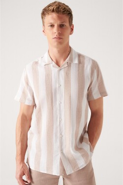 Avva Men's Mink Wide Striped Short Sleeve Linen Shirt