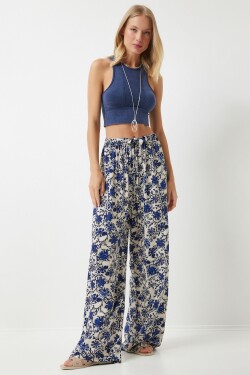 Happiness İstanbul Women's Cream Blue Patterned Flowy Viscose Palazzo Trousers