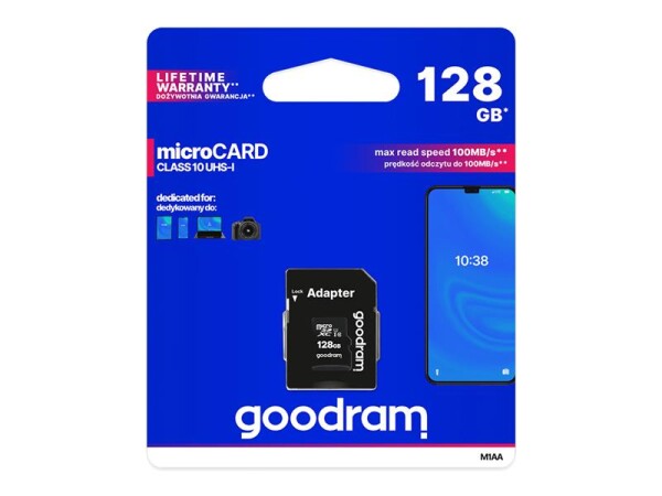 GOODRAM microSDXC 128GB + adaptér / Class 10 / UHS-I U1 / R: 100 MBs / W:10 MBs (M1AA-1280R12)