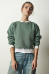 Happiness İstanbul Women's Almond Green Crew Neck Raised Crop Knitted Sweatshirt