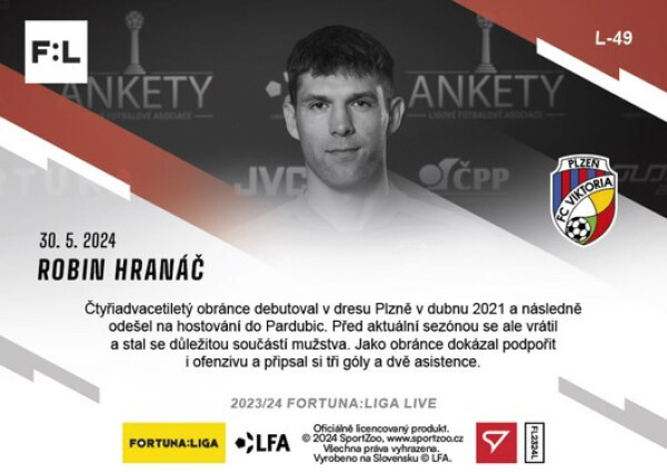 Fotbalová karta Fortuna Liga 23-24 L-49 Robin Hranáč
