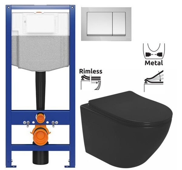 CERSANIT předstěnový instalační systém s tlačítkem chrom K97-509 + WC REA CARLO MINI RIMLESS ČERNÝ MAT + SEDÁTKO K97-526 509 MM1