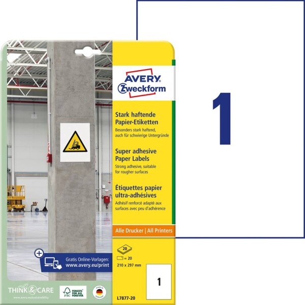 Avery-Zweckform L7877-20 Etikety lepící 210 x 297 mm papír bílá 20 ks trvalé, silné inkoustová tiskárna, laserová tiskárna, barevná laserová tiskárna, kopírka,