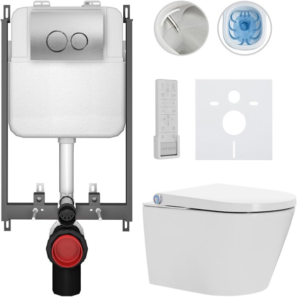 CERANO Závěsné WC s bidetem Basic/Cronus Premium - bílá lesklá - WC tlačítko Dualo/Stříbrná - pro zazdění - 59,3x38,4 cm