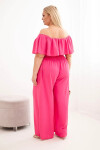 Dámský overal plus size s odhalenými rameny, volánem a širokými nohavicemi růžový UNI