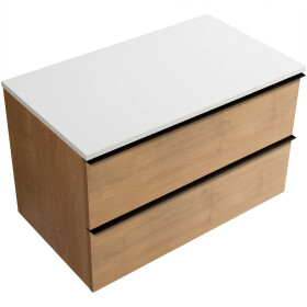 CERANO - Koupelnová skříňka Velora - dub medový, úchytka černá + deska z lit. mramoru Elanys - 12 mm - bílá matná - 80x54,2x46,5 CER-679451