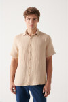 Avva Men's Beige Wrinkled Look Short Sleeve Trill Shirt