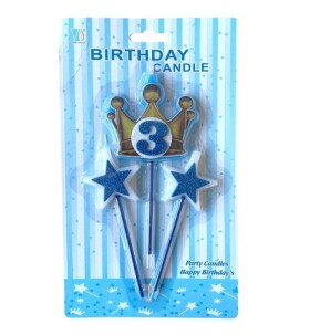 Dortisimo Svíčky koruna zlato-modrá s číslem 3 a hvězdičky modré