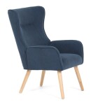 Křeslo, potah modrá manšestrová látka, dřevěné nohy, masiv kaučukovník