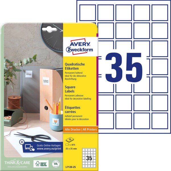 Avery-Zweckform L7120-25 štítky QR kódů 35 x 35 mm papír bílá 875 ks trvalé inkoustová tiskárna, laserová tiskárna, barevná laserová tiskárna, kopírka, barevná