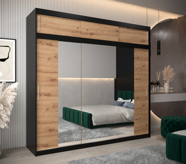 Šatní skříň Abi T2 s nástavcem Barva korpusu: Černá, Rozměry: 250 cm, Dveře: Dub artisan