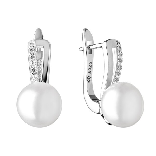Stříbrné náušnice s 9-9.5 mm perlou a zirkony Jade, stříbro 925/1000, Bílá