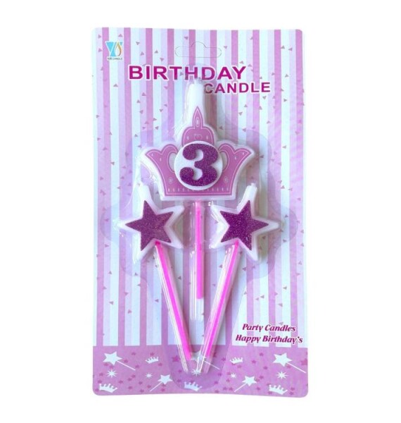 Dortisimo Svíčky koruna růžová s číslem 3 a hvězdičky růžové