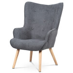 Křeslo "ušák" s podnožkou, potah šedá látka, dřevěné nohy, masiv kaučukovník