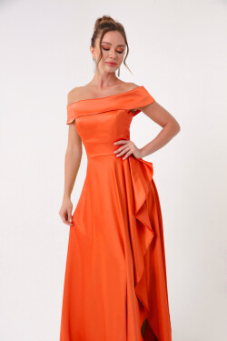 Lafaba Women's Orange Boat Neck Satin Evening Dress Prom Dress