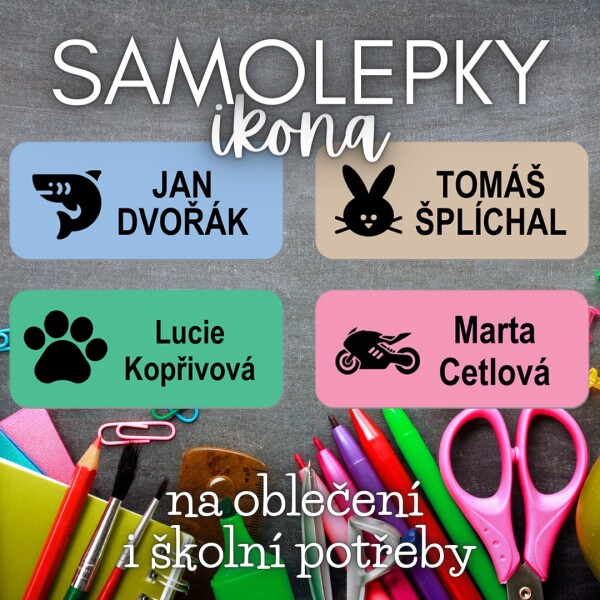 44x Samolepky na sešity IKONA 35x15mm, různé druhy