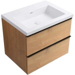 CERANO - Koupelnová skříňka Velora - dub medový, úchytka černá + umyvadlo z lit. mramoru Ovo - bílá lesklá - 70,5x58x46,5 CER-980009