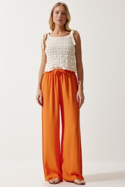 Happiness İstanbul Women's Orange Flowy Knitted Palazzo Trousers