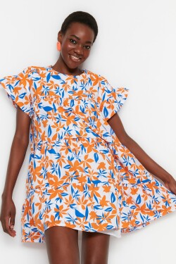 Trendyol oranžové květinové mini tkané šaty širokého střihu