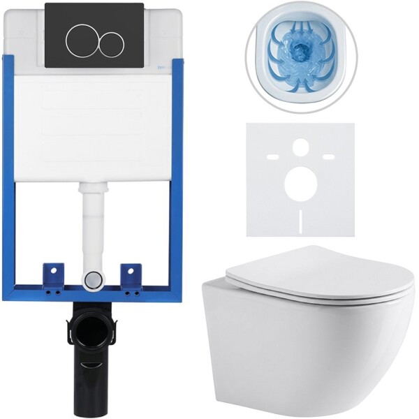 CERANO Kompletní podomítkový WC set Lite/Cesso - bílá lesklá - WC tlačítko Duo, černá matná - k zazdění - 49x36 cm - 8050BD84208