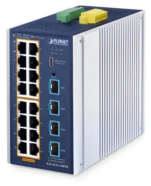 PLANET IGS-4215-16P4X / Switch průmyslový / 16x Gigabit RJ-45 PoE 802.3at / 4x 10G SFP+ / L2+ / IP30 (IGS-4215-16P4X)