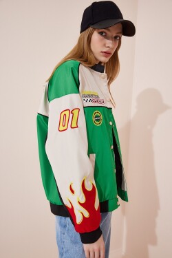 Happiness İstanbul Women's Green Racing Patched College Bomber Coat